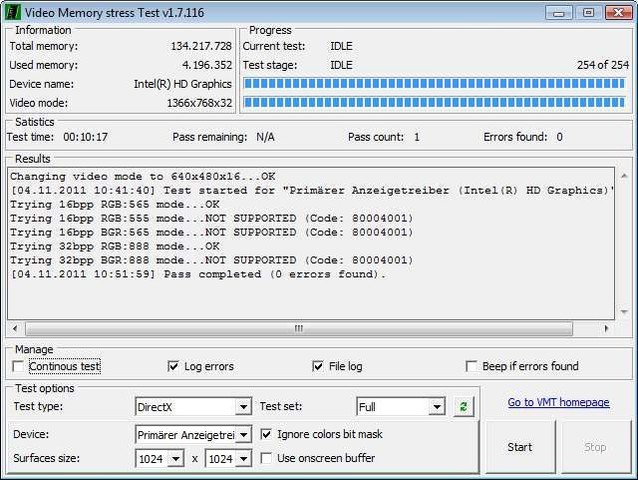 Video Memory Stress Test Interface